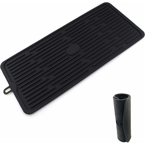 Tappetino scolapiatti da cucina, griglia scolapiatti in silicone nero (44 x 20 cm), scolapiatti antiscivolo, resistente al calore e lavabile in lavastoviglie, per riporre posate e stoviglie (1/4)