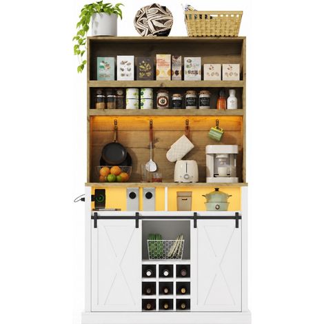 Colonne Cuisine avec Portes Coulissantes, Étagères, LED RGB et Prises pour Cuisine en MDF Naturel et Blanc (1/5)
