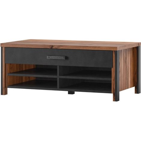 Mesa baja WINDSOR - Roble oscuro y antracita - 1 cajón, 4 nichos - 107 x 44.8 x 60 cm