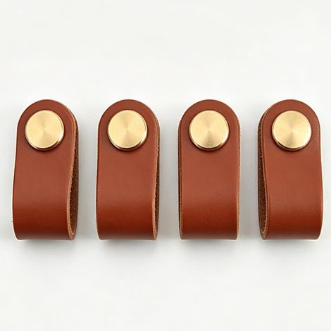 Set aus 4 karamellbraunen Leder-Küchengriffen, Schubladenknöpfen im Vintage-Design mit Schrauben. (1/5)