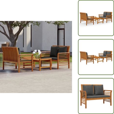 The Living Store Salon de jardin 3 pcs avec coussins bois massif d'acacia - Banc de jardin (1/5)