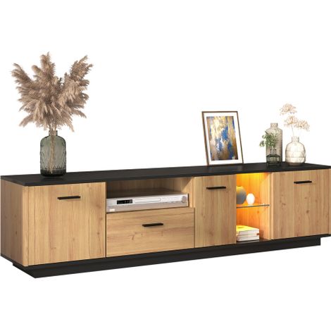 Meuble TV 1 tiroir 3 portes 2 étagères verre 16 LEDs réglables noir bois (1/5)