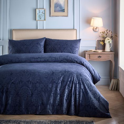Housse de Couette en Relief Floral Bleu Marine Lit Double 200x200cm Parure de lit en velours doux Bleu 2 taies d'oreiller Housse de Couette Gravée Floral Parure de lit