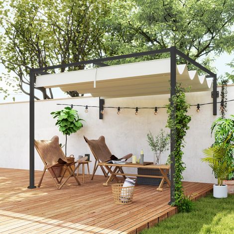 Pérgola de Pared 3x2 m con Techo Retráctil Tela de Poliéster Resistente al Agua para Jardín Patio Crema (1/5)