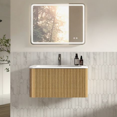 Set bagno sospeso con specchio LED 60x80 cm, lavabo integrato in pietra sintetica, rovere (1/5)