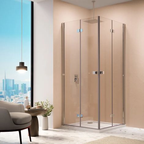 Cabine de douche d angle 70 x 90 cm à double porte pliante profilés chromés et verre transparent de 8 mm h 195 Fiji (1/3)