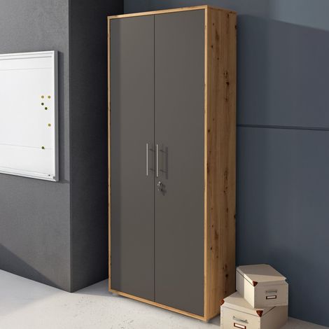 Armario Multiuso 2 Puertas Saponara, Cajones, 4 Estantes, 2 Puertas, 79x188h cm Marrón Roble (1/4)