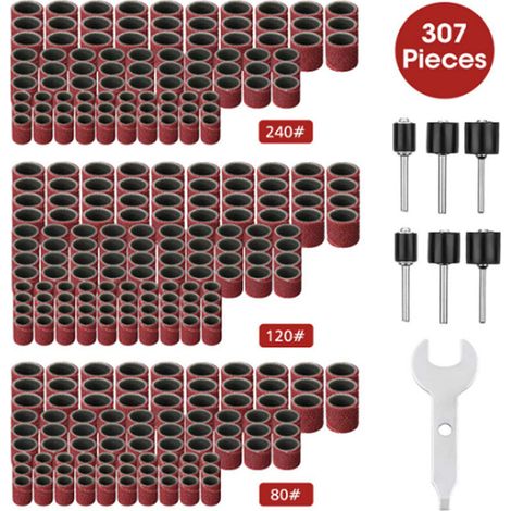 Ensemble de 307 pièces de ponceuse à tambour Kit de tambour de ponage - Manchons de bande de ponage 300 pièces (80 / 120 / 240 ) + Mandrins de tambour 6 pièces pour outil rotatif + 1 clé combinée (1/5)