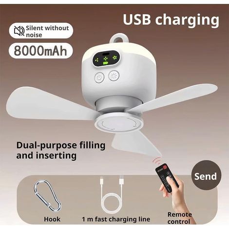 Ventilateur de tente portable rechargeable 8000 mAh3 pales détachables, crochet de suspension, minuterie, 4 vitesses – Idéal pour auvent, véranda, gazebo ou plage
