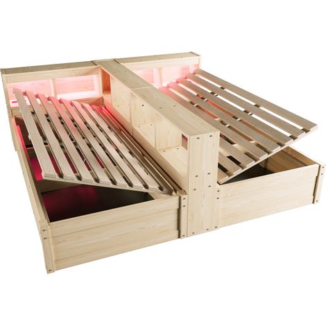 Letto multifunzione 90/180 x 200 cm in legno naturale con presa EU, LED e vani (1/5)
