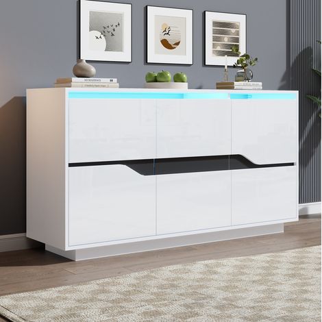 Sideboard aus Spanplatte Weiß/Schwarz 140 x 40 x 70 cm, 3 Türen, verstellbare Einlegeböden, Hochglanzfront mit LED (1/5)