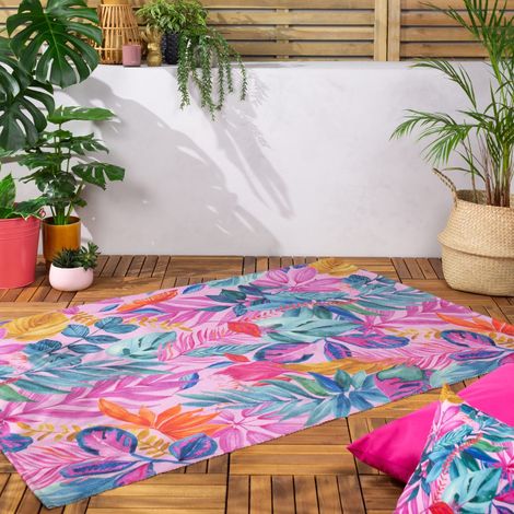 Tapis Intérieur Extérieur Tropical Floral Lavable Résistant Aux Intempéries Léger Tapis Rose 120x170cm (1/4)