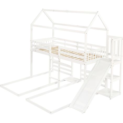 Letto a soppalco per bambini con scivolo, 3 posti letto, tetto, pino e MDF, bianco, 90 x 200 cm (1/5)