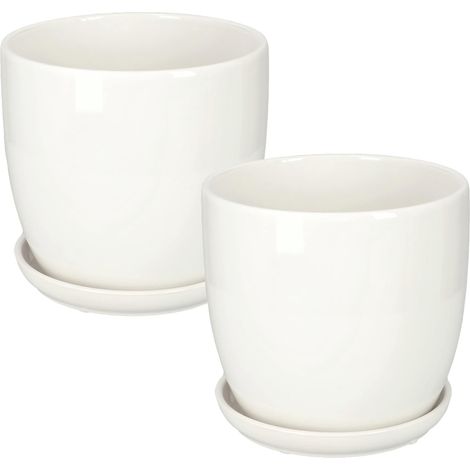 KOTARBAU Lot de 2 pots de fleurs en céramique pour fleurs, plantes, diamètre 20 cm avec bac d'égouttement Blanc