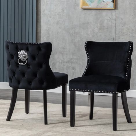 Wahson 2 PZ Sedie Sala da Pranzo in Velluto con Dettagli a Borchie, Sedie Cucina Eleganti con Gambe in Legno, Sedie Imbottite con Schiuma ad Alta Densità per Cucina/Soggiorno, Nero