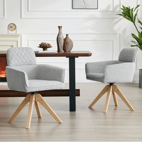 Silla de Comedor Giratoria 360 Grados Set de 2, Respaldo Acolchado, Reposabrazos, Tela y Madera Maciza, Gris Claro (1/5)