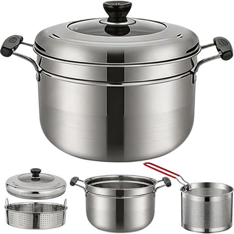Friteuse à Casserole, Ensemble De Friteuse 4L Avec Panier Vapeur Couvercle Et Passoire Casserole En Acier Inoxydable Poêle à Frites Avec Filtre à Huile Compatible Tous Feux (1/5)