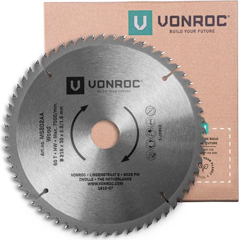 Vonroc – Lame de scie circulaire 216 mm – 60 dents pour bois dur – MS802AA – Compatible scies à onglet et sur table