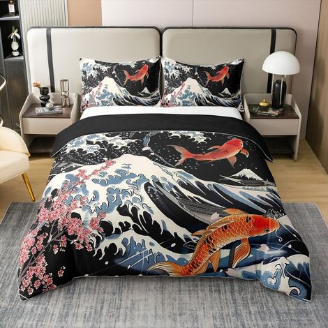 Parure de lit 100 % coton avec housse de couette 155 x 220 cm et 1 taie d'oreiller Motif carpe japonaise Motif carpes japonaises (1/5)