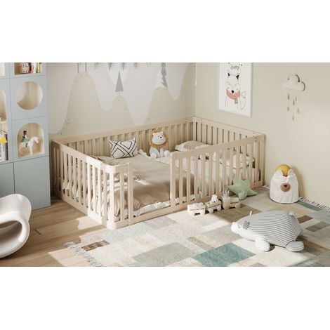 Cadre de lit en bois massif 90x200 avec barrière de sécurité, teinte ivoire, sommier à lattes inclus, literie 2 personnes, style scandinave, lit enfant ou adulte (1/5)