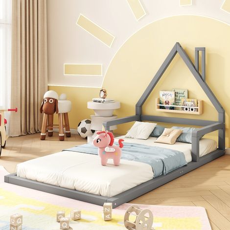 Lit enfant 90x200cm, lit plat en forme de maison, pin massif, design épuré, gris, taille standard, mobilier chambre, sommier non inclus, livré en kit. (1/5)