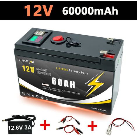 Outdoor portable rechargeable battery 12V 150Ah with USB interface/power display screen - 60Ah + matching charger - 12.6V