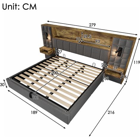 Lit capitonné 180x200 cm avec coffre intégré, sommier en lattes gris, éclairage LED et 2 liseuses, 2 tables de nuit encastrées, port USB-C, housse en lin, sommier fourni, sans matelas (1/5)