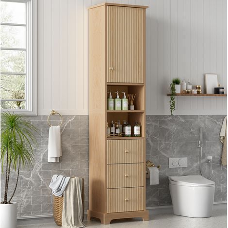 Hochschrank fürs Bad 40 x 30 x 172 cm aus naturfarbenem MDF mit 3 Schubladen (1/5)