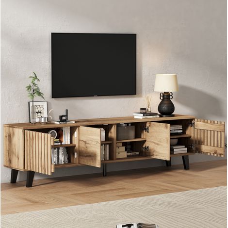 Mueble TV 180x40x55 cm en paneles de madera natural, con almacenaje, para salón FloraGrace (1/5)