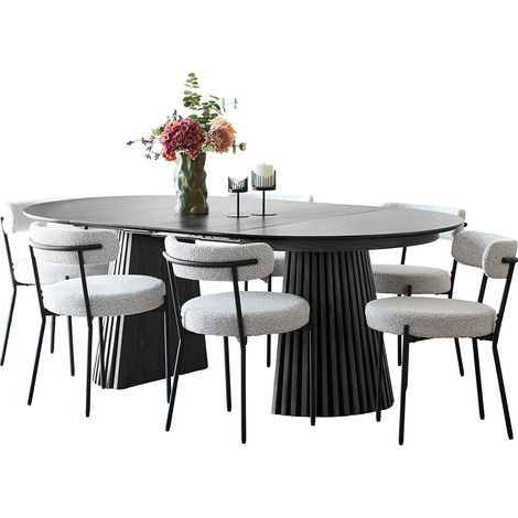 Tokyo ensemble pour salle à manger table à manger avec 2 rallonges Ø120x120-160-200 cm noire et 6 chaises bouclé blanc.