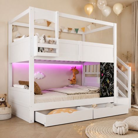 Etagenbett Kinderbett 90200 cm, Bettgestell im Hüttenstil, Mit Flexiblen Ablagefächern und Einer Kreativen Tafel, Mit Aufsteigeleiter und Schubladen, Doppelbett Für Jungen und Mädchen, Weiß (1/5)