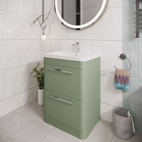 Hudson Reed Solar Matt Fern Green 600mm Floor Standing 2 Drawer Vanity Unit and Ceramic Basin - SOL801A (1/5)