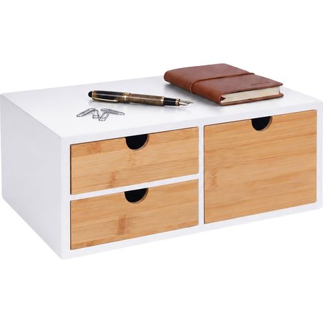 Relaxdays Cajonera, bambú y MDF, 3 cajones, 13,5 x 33 x 21 cm, organizador de escritorio, blanca/natural (1/5)