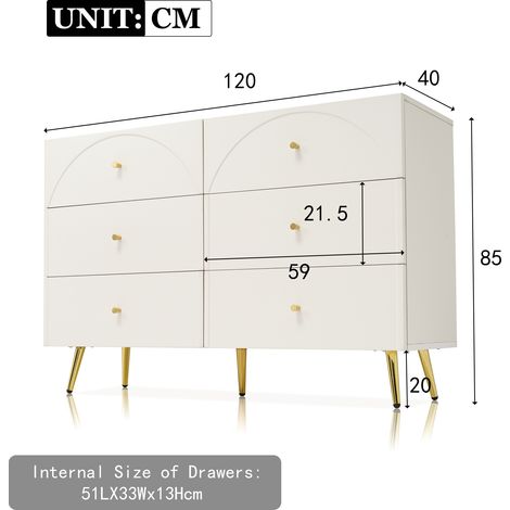 Commode à tiroirs Commode à tiroirs avec 6 tiroirs,Bufet blanc pour chambre et tous les salons,Blanc crème - H85/W120/D40 cm
