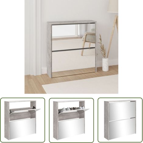 The Living Store Armoire à chaussures et miroir 2 niveaux Gris béton 63x17x67 cm - Meuble À Chaussures - Rangements Chaussures - Étagère Chaussures - Armoire Chaussure - Rangement Intérieur (1/5)