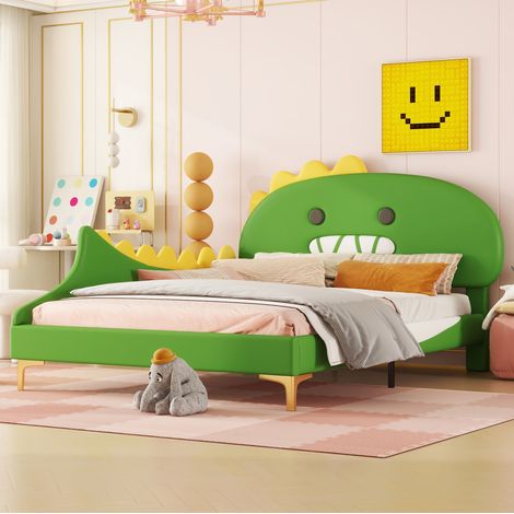Lit enfant 140/200 cm vert en similicuir PU et MDF forme dinosaure (1/5)