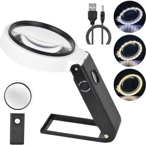 Loupes avec lumière et support, loupe lumineuse 10x 25x, grande loupe sur pied avec 32 lumières LED pour travail de près collection de timbres de pièces de monnaie (1/5)