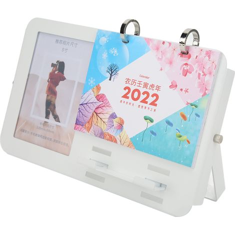 Tischkalender 2022, 16 x 26 cm, rund, schlicht, aus Metall, mit 13 cm Bilderrahmen für Schreibtisch, Büro und Zuhause (1/5)