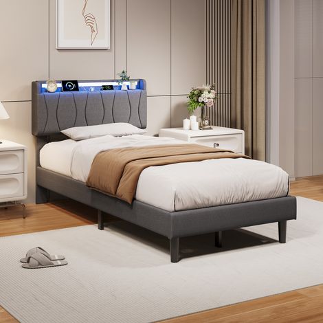Letto 90x200 cm - Letto singolo 90x200 cm con rete - Testiera con illuminazione a LED e prese di ricarica USB - Grigio (1/5)