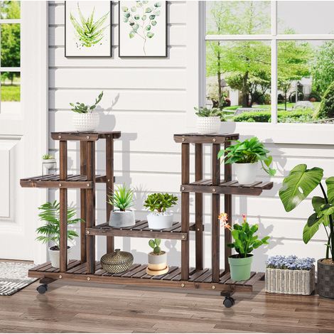 Scaffale portapiante in legno massello marrone scuro con 6 ripiani e 4 ruote, 123,5x33x80 cm (1/5)