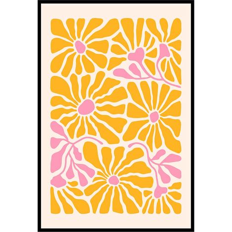 Affiche encadrée fleurs jaunes et roses stylisées (1/5)