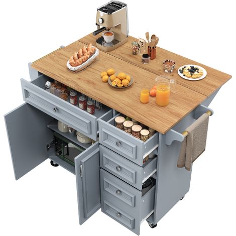 Îlot de cuisine amovible vintage, rangement, 110×45-75×92cm, bleu
