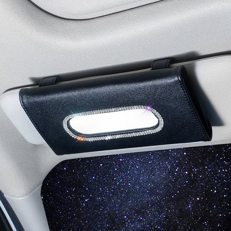 Porta fazzoletti per aletta parasole auto, in pelle e strass, adatto alla maggior parte delle alette parasole per auto, 2312,53 cm, nero (1/5)