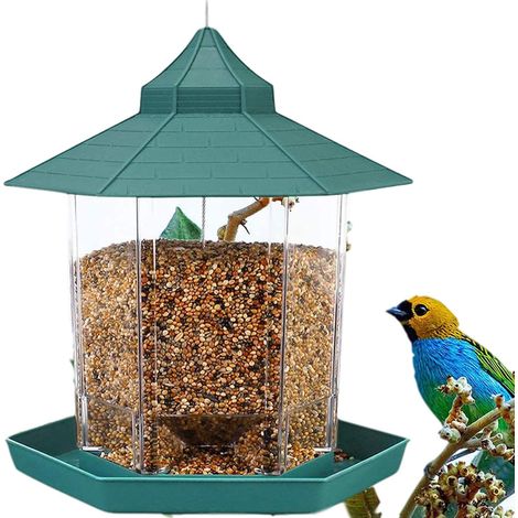 Mangeoire pour oiseaux sauvages avec toit, station d'alimentation suspendue robuste, grande plateforme pour jardin et cour, observation ornithologique, cage à oiseaux extérieure (1/5)