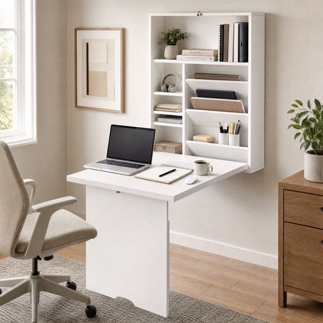 Bureau pliable mural table murale étagères salon salle à manger 93,8x60x147 blanc (1/5)