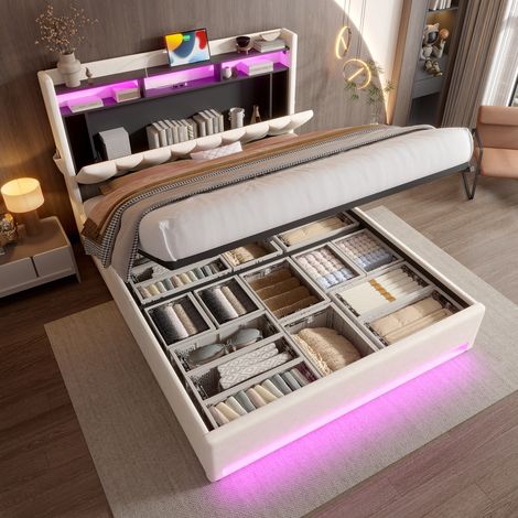 Lit coffre en velours beige 140x200 cm avec LED, ports USB-C, tête de lit avec rangement et sommier relevable (1/5)
