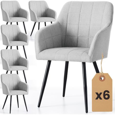 Lot de 6 Chaises rembourrées à surpiqûres carrées LUXANO Gris Clair pieds noirs tissu Lumos (1/5)