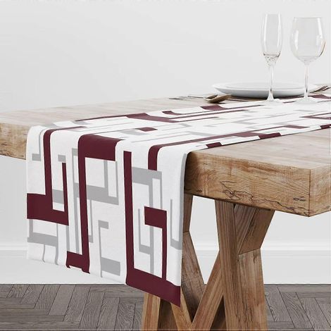 Chemin de table bordeaux et blanc, motif géométrique moderne, pour la cuisine, le salon ou la salle à manger, 33 x 91 cm (13 x 36 pouces). (1/4)