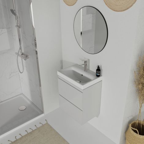Cersanit – Meuble lave-mains suspendu 57x35 cm – 2 tiroirs gris clair – Plan vasque en porcelaine blanche – Système de fermeture silencieux - S801-228-DSM (1/6)