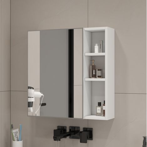 Armario con espejo de baño MDF blanco y vidrio, montado en pared, 55x56 cm, con almacenaje interior (1/5)